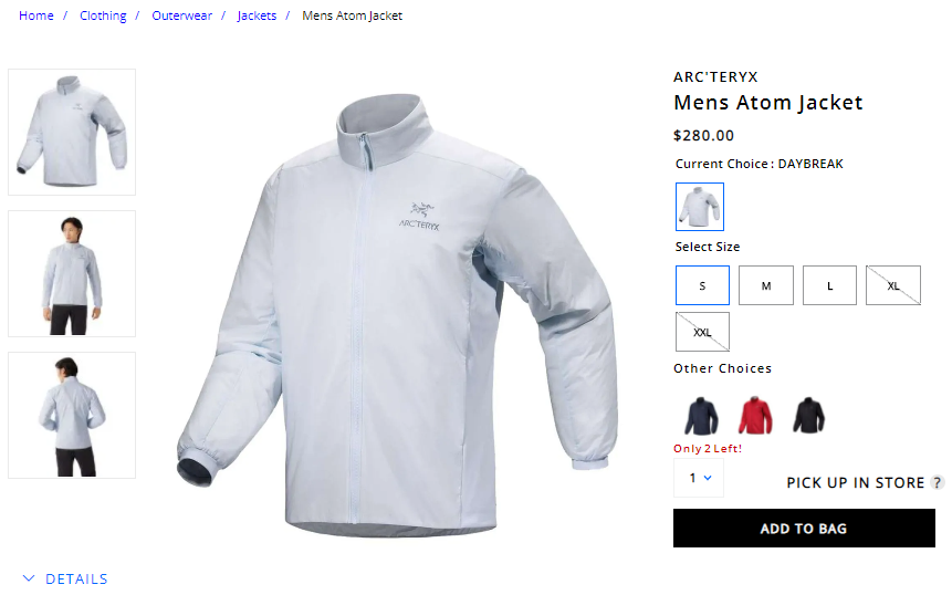 S-L碼還有！ARC'TERYX 男士 Atom 夾克 $280（約2009元）